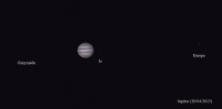 Jupiter, la tache rouge et 3 lunes le 20 avril 2015 (photo et traitements JCL)